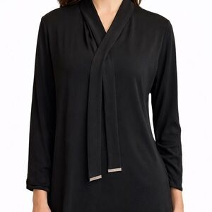 Michael Kors Black Tie Neck Blouse Gold Logo Trim Stretch M